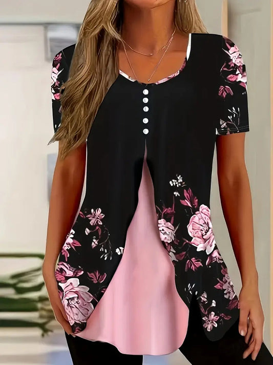 Summer New Short-sleeved Printed Fake Two-piece T-shirt V-neck Fashion Spike Top