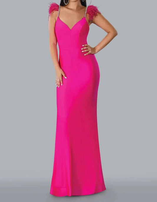 Feathered Rhinestone Shoulder Formal Gown