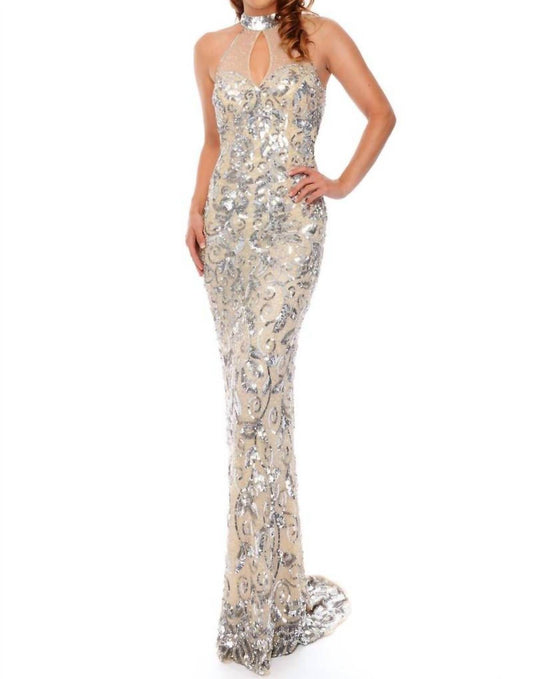 Halter Neck Illusion Sequin Evening Gown
