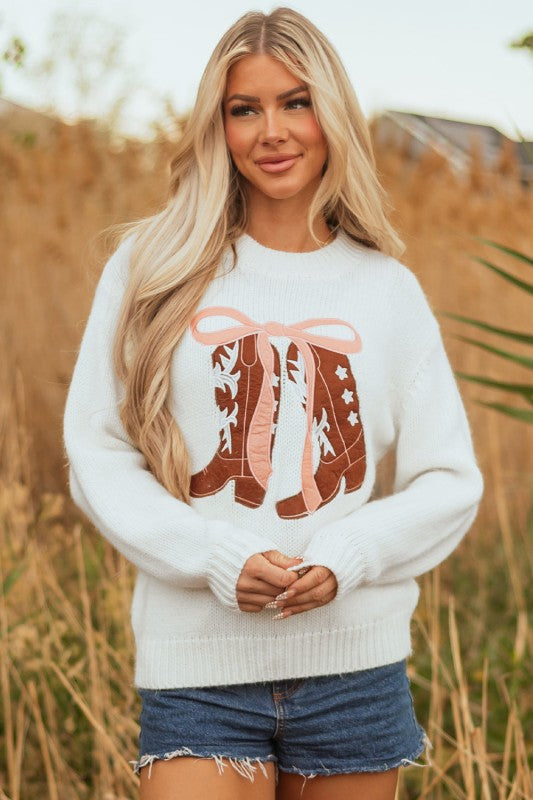 Western Bow Boots Embroidered Drop Shoulder Sweate