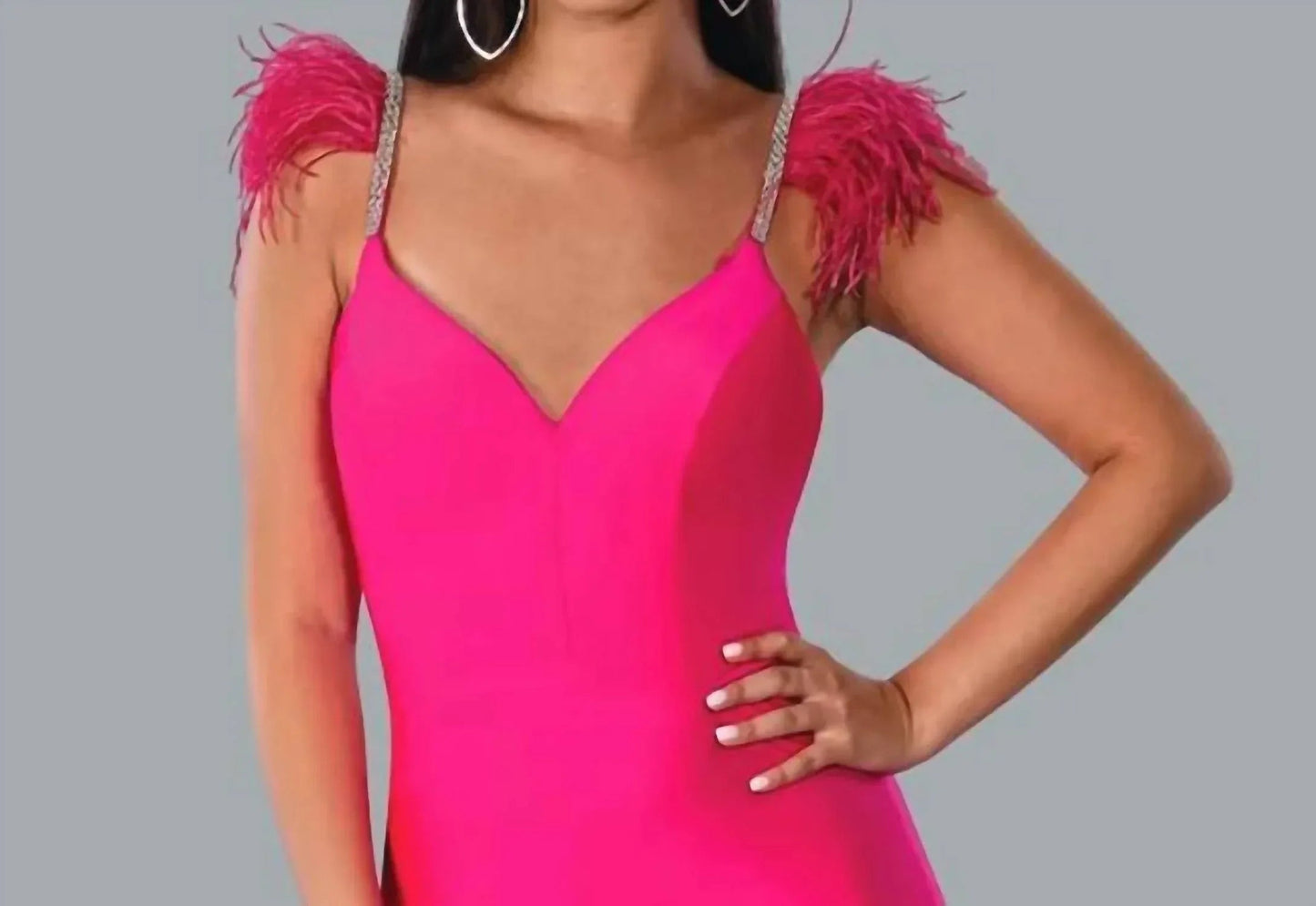 Feathered Rhinestone Shoulder Formal Gown