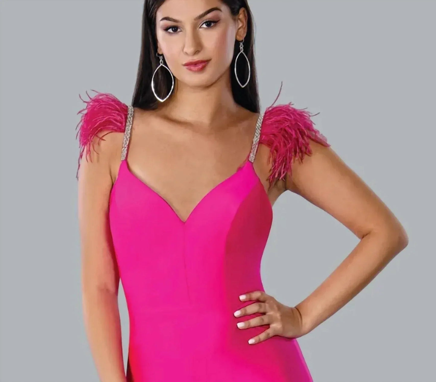 Feathered Rhinestone Shoulder Formal Gown