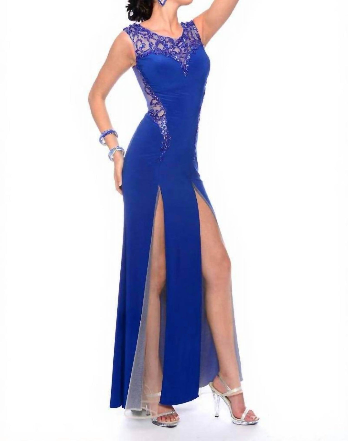 Sheer-paneled Evening Gown With Walking Slits