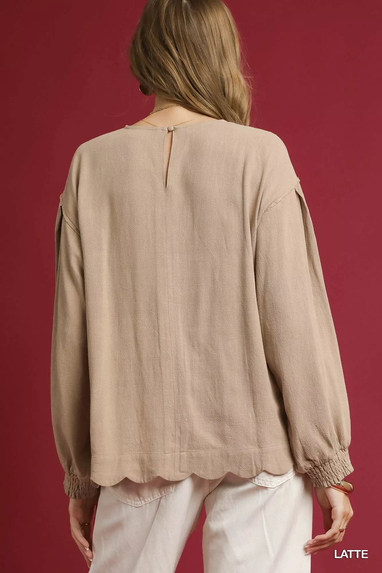 Umgee Linen Scallop Hem Long Sleeve Blouse | Fitiquefit